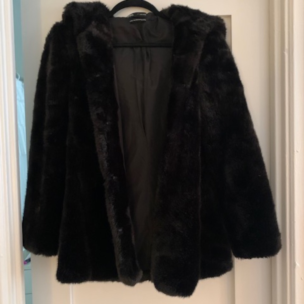 Zara Black Faux Fur Hooded Winter Jacket Coat